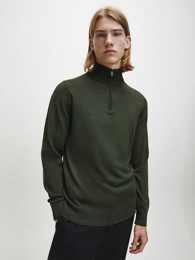 Calvin Klein Ruhák HU697607 | Calvin Klein Superior Wool Zip Neck Férfi Pulóver Sötét Olivazöld